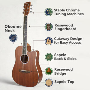 Anatomy of Audivara acoustic guitar detailing Sapele body, Rosewood fingerboard and neck