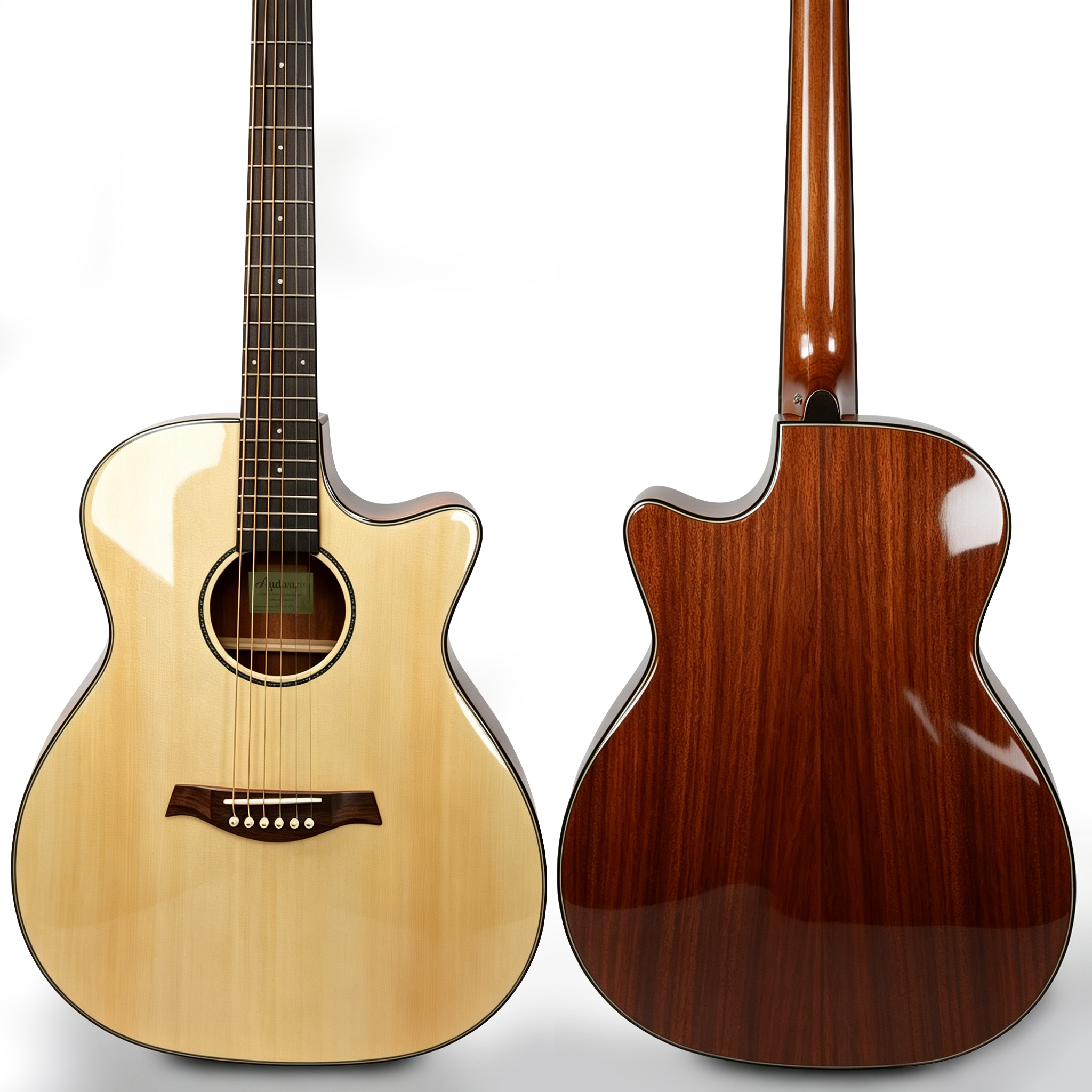 audivara-acoustic-guitar-front-and-back-view Front and back view of Audivara 41 inch acoustic guitar showing natural spruce top and rich mahogany back