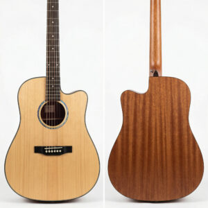 Front and back view of Audivara acoustic guitar showcasing mahogany back and sides