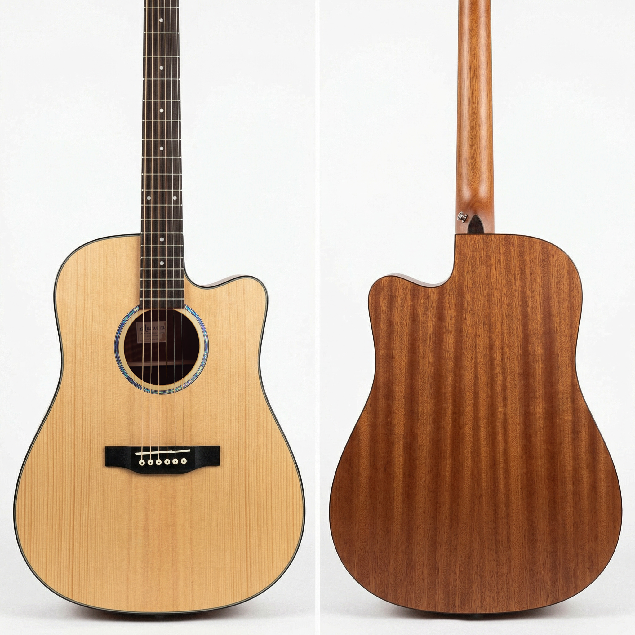 audivara-acoustic-guitar-front-and-back-view Front and back view of Audivara acoustic guitar showcasing mahogany back and sides