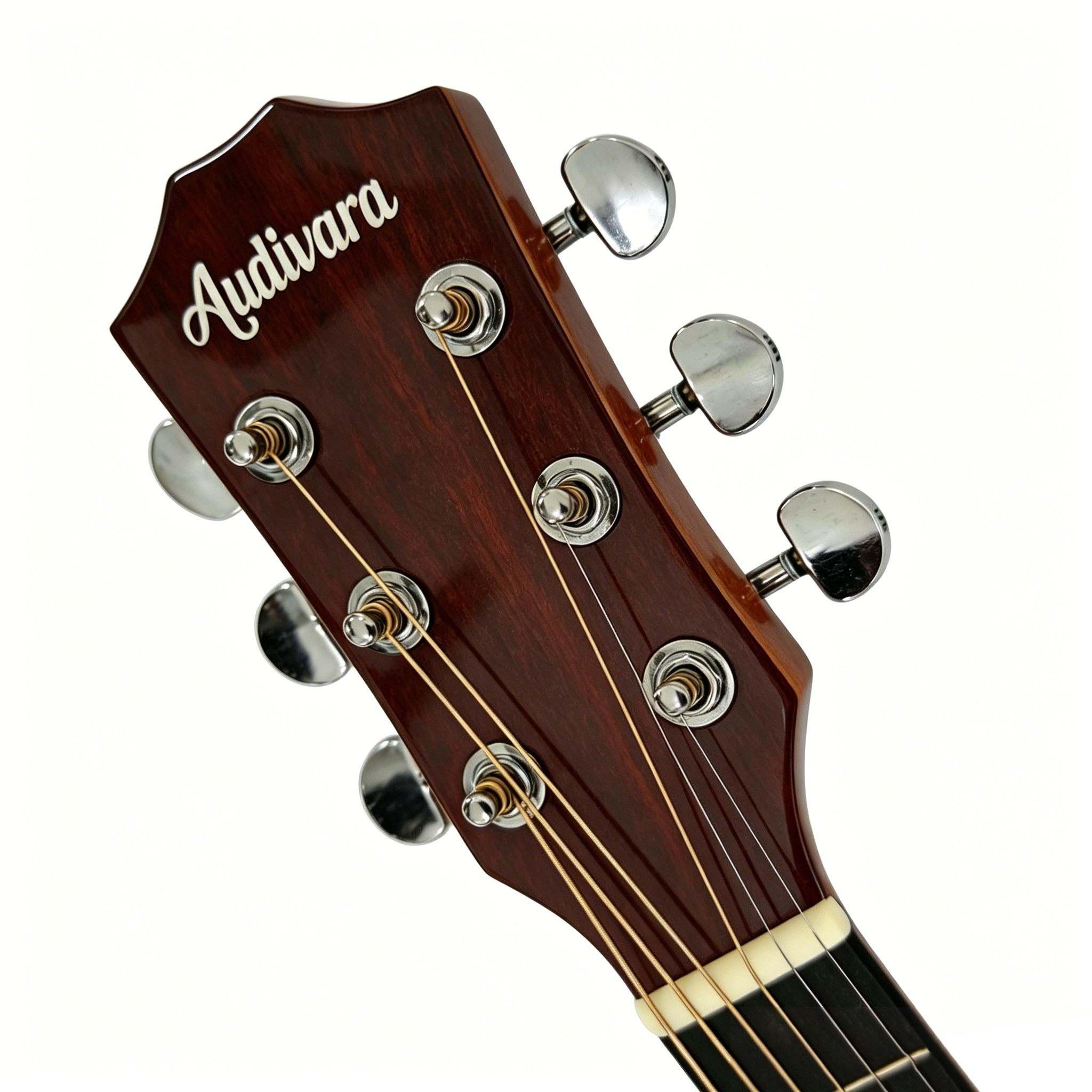 audivara-acoustic-guitar-headstock-chrome-tuners Close up of Audivara acoustic guitar headstock with chrome tuning machines and brand logo
