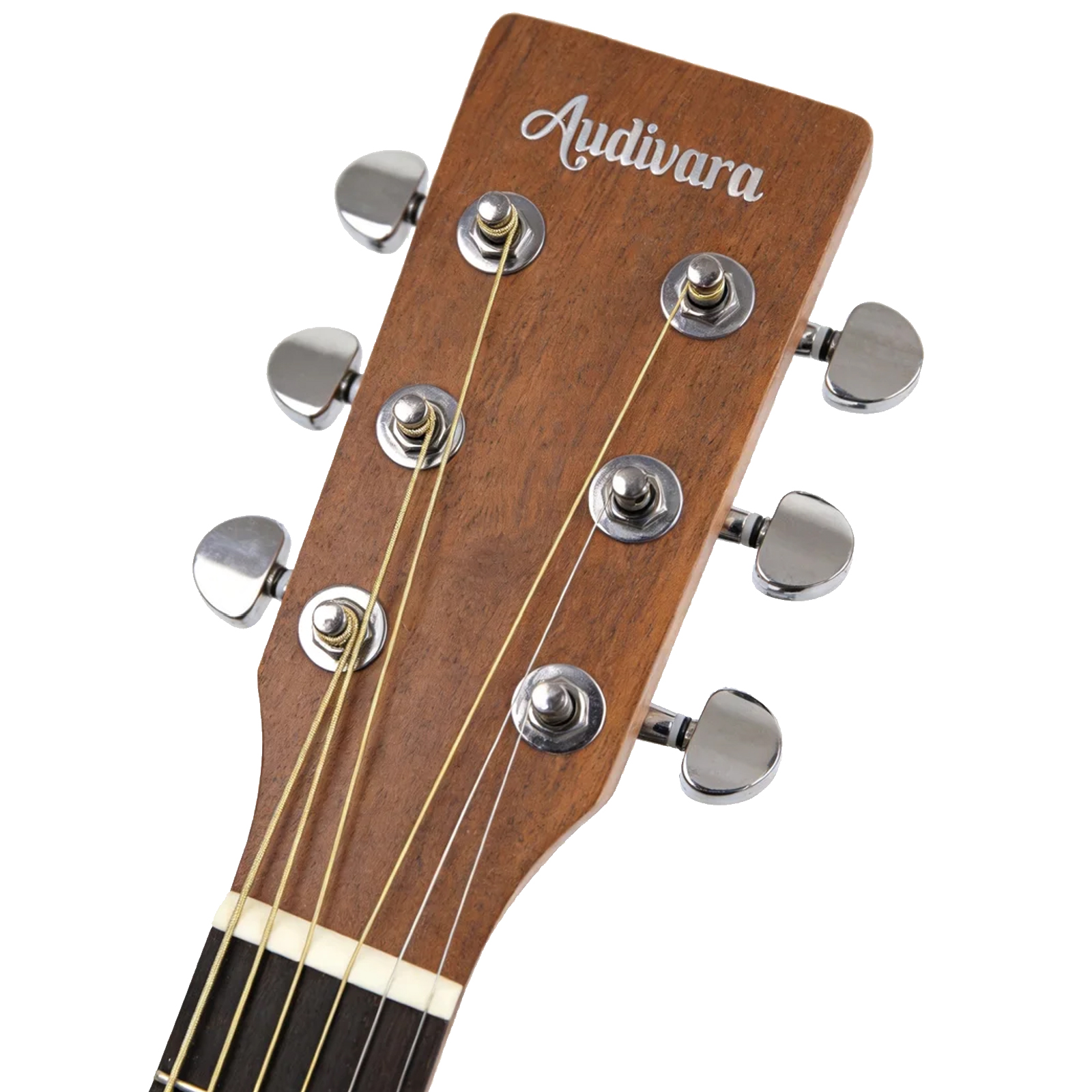 audivara-acoustic-guitar-headstock-chrome-tuning-pegs Close up of Audivara acoustic guitar headstock with chrome tuning pegs and brand logo