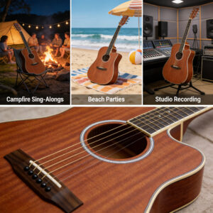 Audivara 41 inch guitar lifestyle uses for camping, beach parties and studio recording