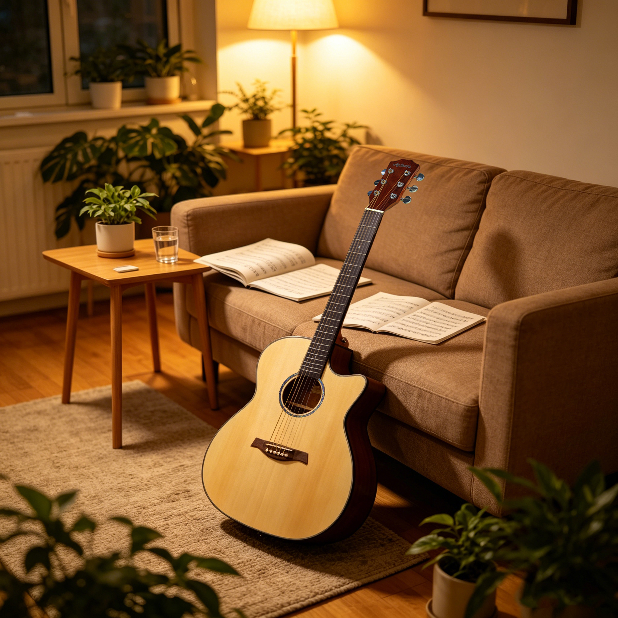 audivara-acoustic-guitar-living-room-decor Audivara natural gloss acoustic guitar leaning against a cozy sofa in a warm living room setup