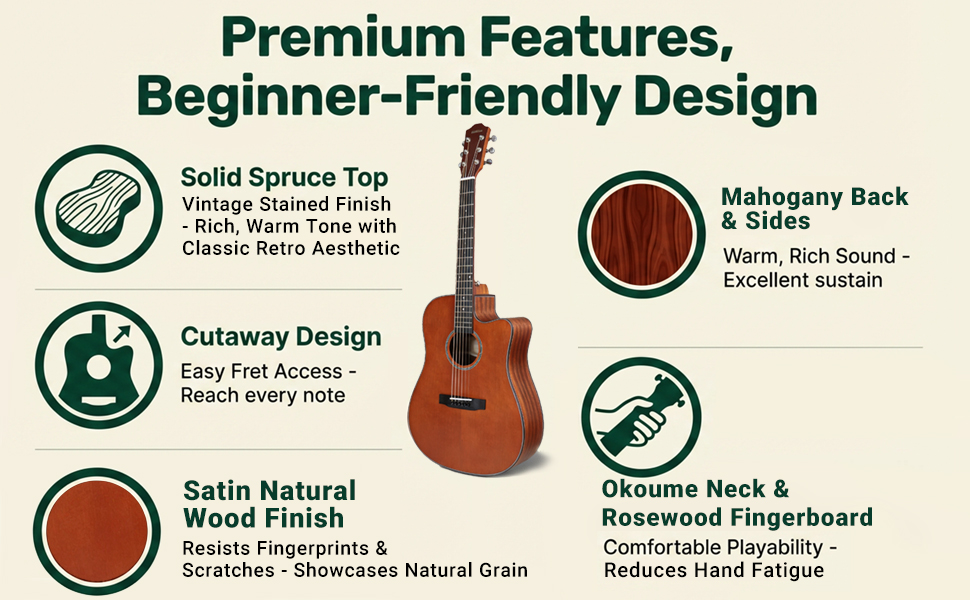 Infographic listing features of Audivara guitar like easy fret access finish
