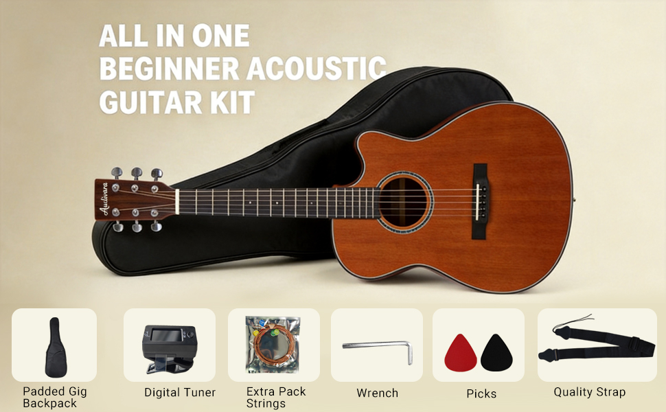 Audivara all-in-one beginner acoustic guitar kit with gig bag, tuner, and strap