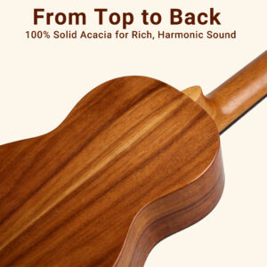 Close-up of Audivara ukulele 100% solid acacia wood back and durable Okoume neck
