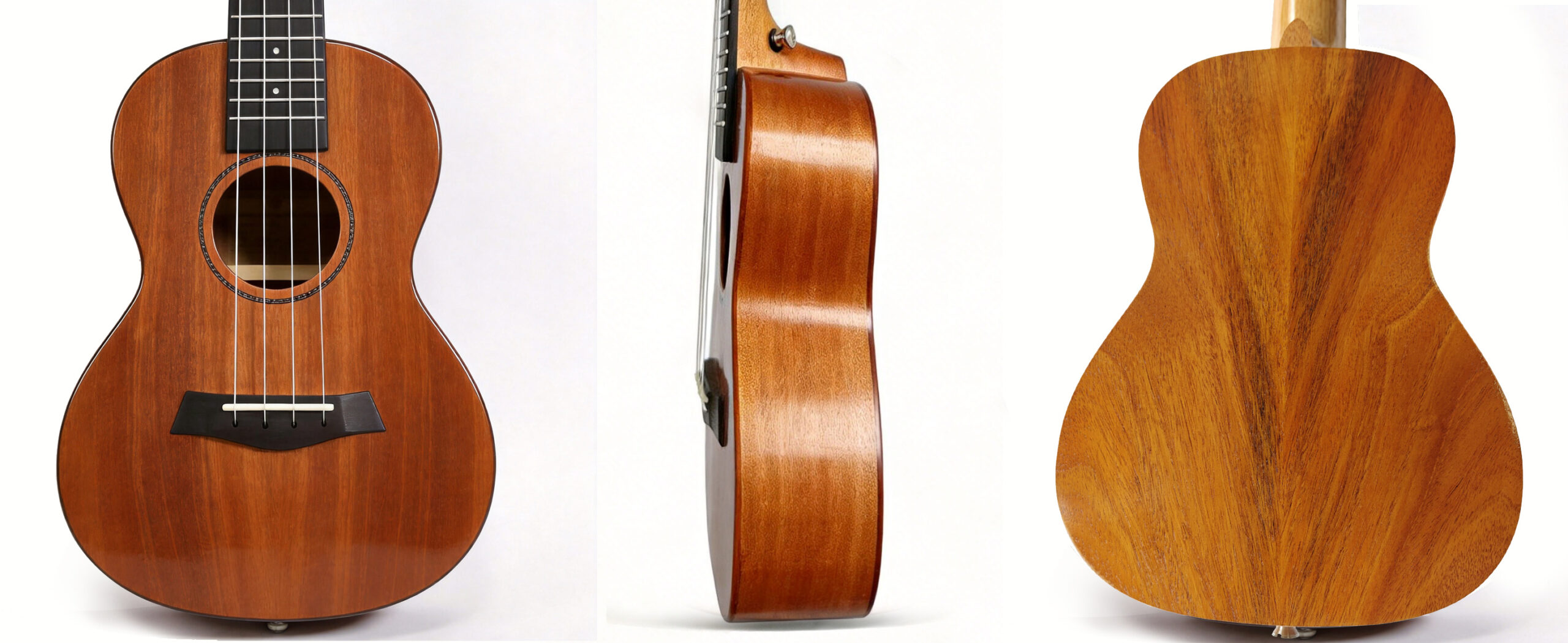 Full solid wood concert ukulele front view side view and back view elegant natural texture