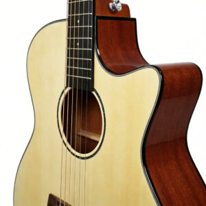 Close up of Audivara acoustic guitar cutaway design, soundhole, and high gloss finish