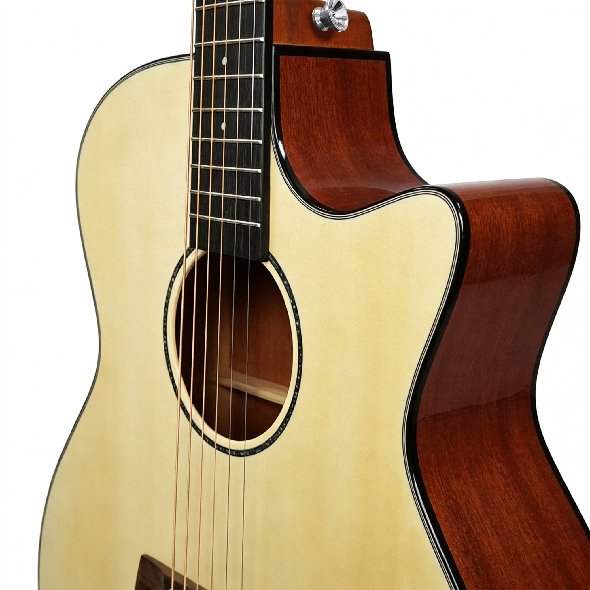 audivara-cutaway-acoustic-guitar-body-details Close up of Audivara acoustic guitar cutaway design, soundhole, and high gloss finish