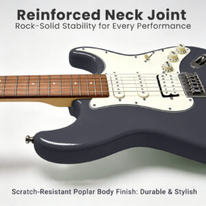 Close up of reinforced neck joint on Audivara scratch resistant navy electric guitar