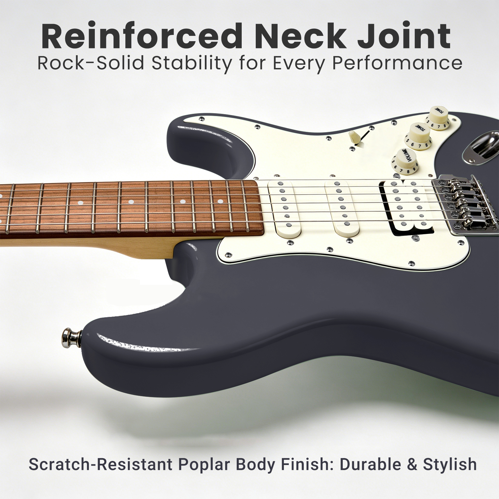 audivara-electric-guitar-reinforced-neck-joint-durable-finish Close up of reinforced neck joint on Audivara scratch resistant navy electric guitar
