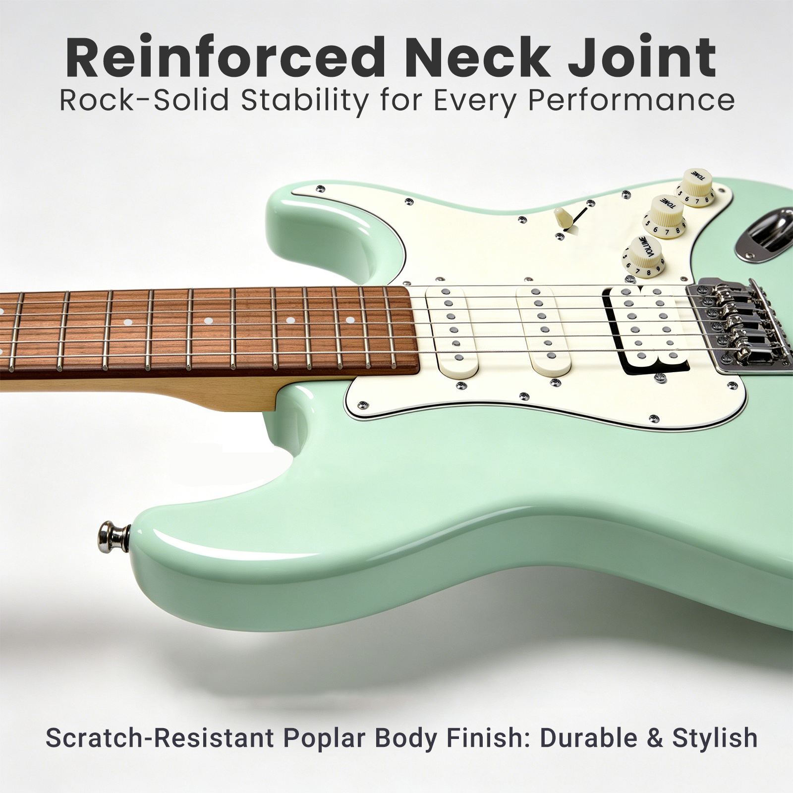 audivara-electric-guitar-reinforced-neck-joint-scratch-resistant Reinforced neck joint and scratch-resistant mint green poplar body finish