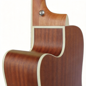 Close up view of Audivara acoustic guitar cutaway design and clean body binding craft