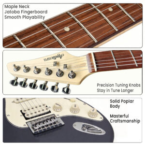 Details of Audivara maple neck, jatoba fingerboard, and precision guitar tuning knobs