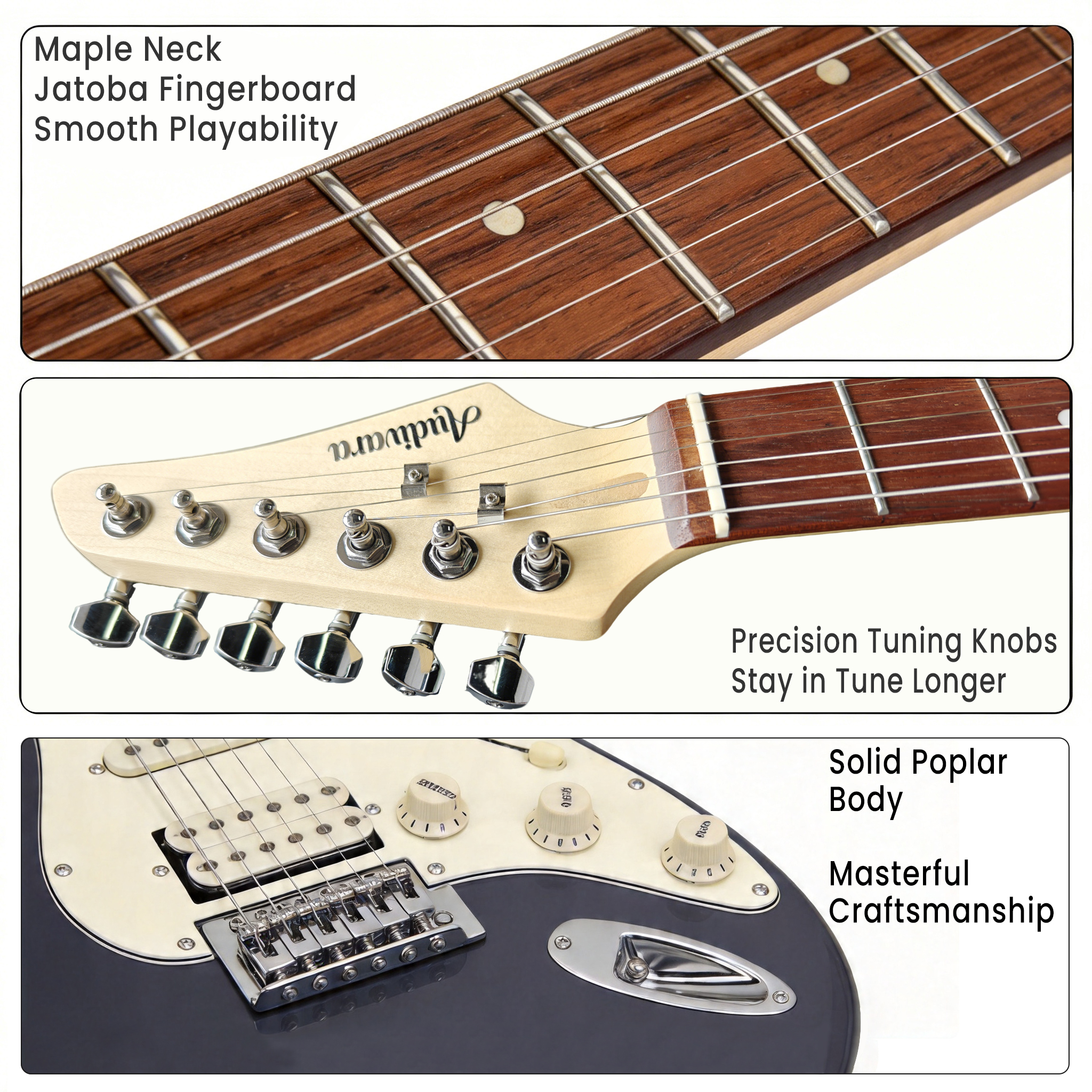 audivara-guitar-maple-neck-jatoba-fingerboard-precision-tuning-knobs Details of Audivara maple neck, jatoba fingerboard, and precision guitar tuning knobs