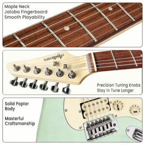 Details of Audivara guitar maple neck, jatoba fingerboard, and precision tuning knobs