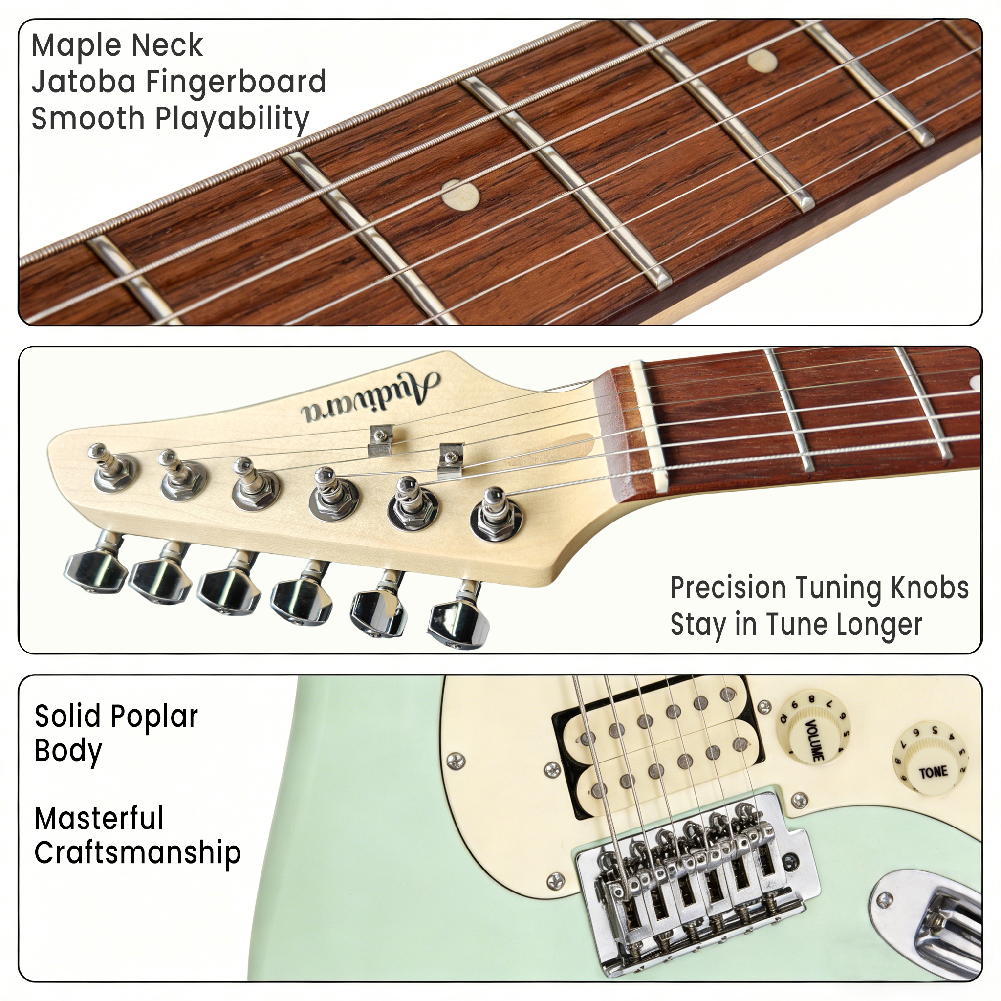 audivara-guitar-maple-neck-jatoba-fingerboard-tuning-knobs Details of Audivara guitar maple neck, jatoba fingerboard, and precision tuning knobs