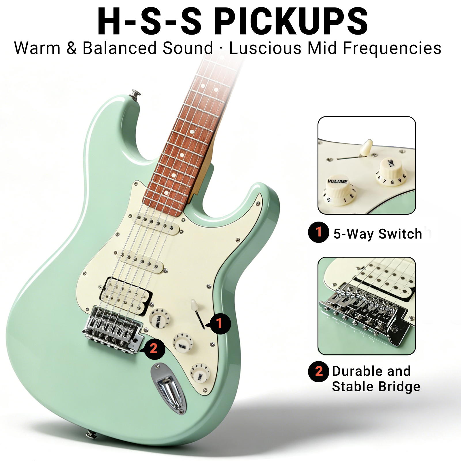 audivara-hss-pickups-5-way-switch-durable-guitar-bridge Close-up of Audivara guitar HSS pickups, 5-way switch, and durable chrome bridge