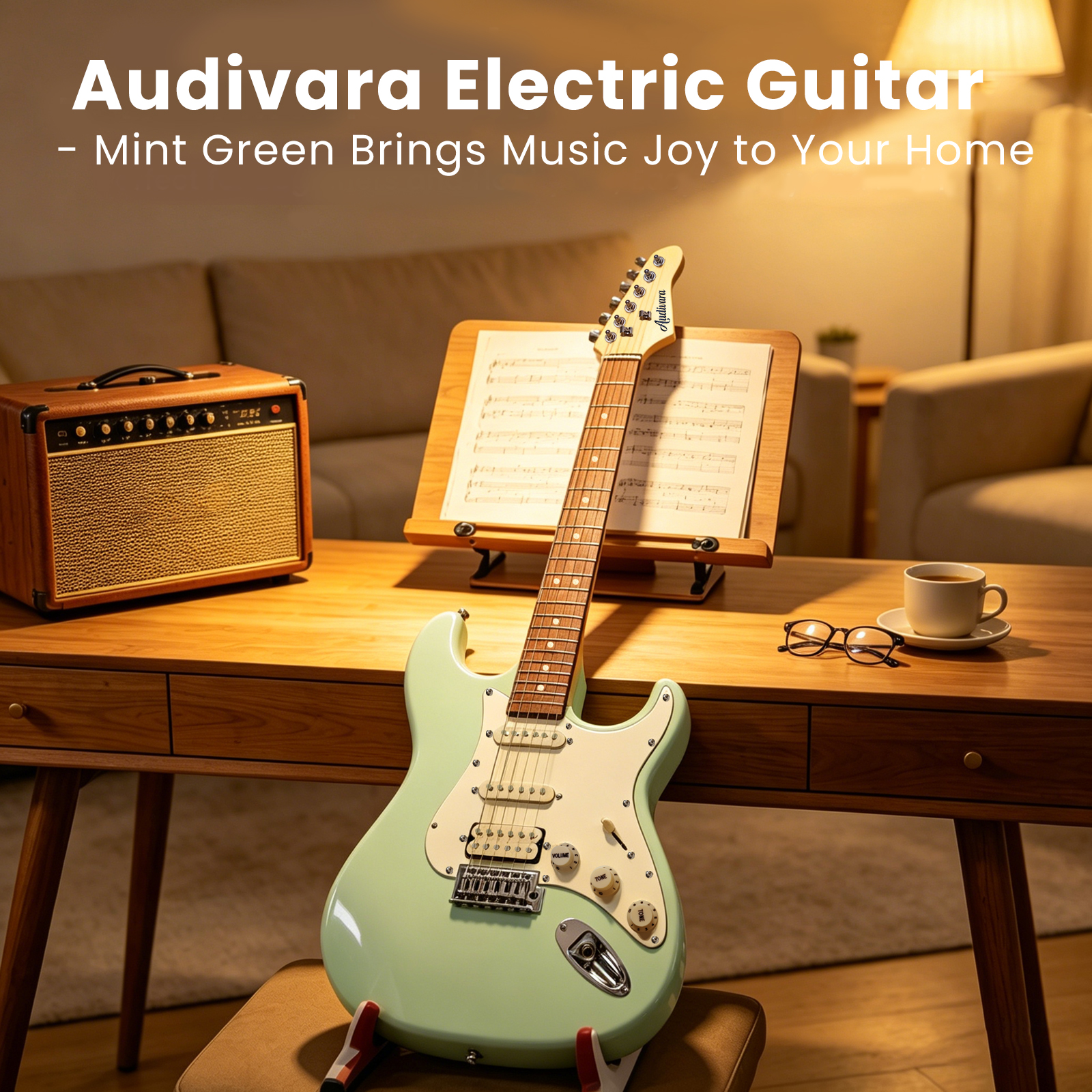 audivara-mint-green-electric-guitar-home-living-room Audivara mint green electric guitar on a stand in a cozy living room setup