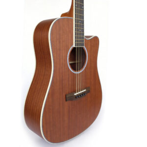 Angled body detail of Audivara 41 inch acoustic guitar showing matte natural wood grain