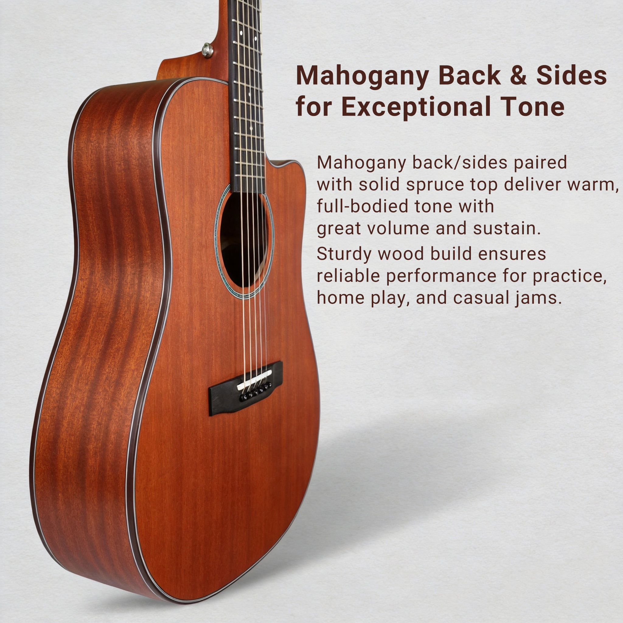 audivara-solid-spruce-top-guitar-mahogany-body-tone-intro Audivara guitar side view showing solid spruce top and mahogany body construction