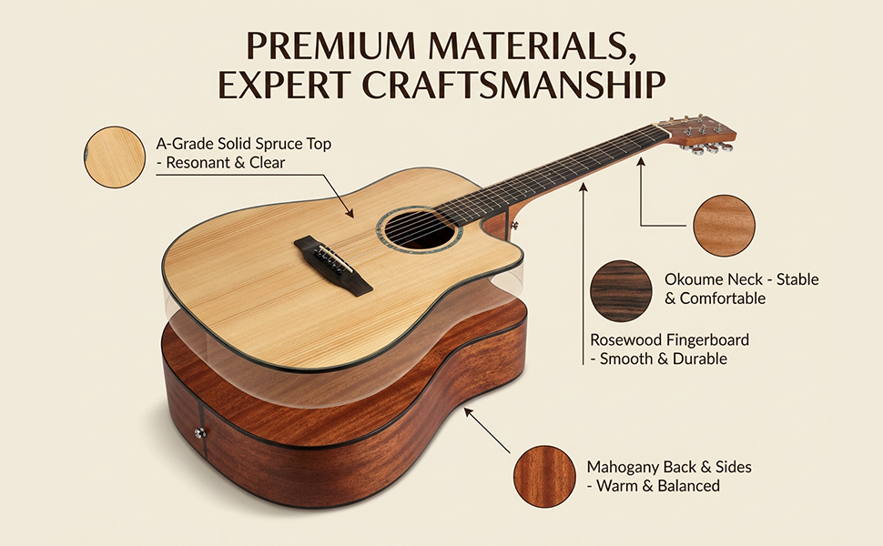 Exploded view chart of acoustic guitar materials including an okoume neck and rosewood fingerboard.