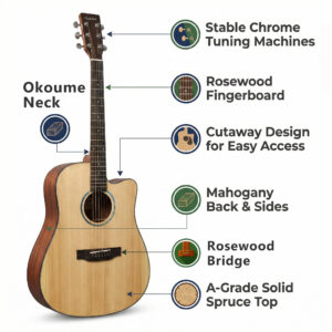 Infographic diagram outlining specifications of Audivara solid top guitar with an okoume neck