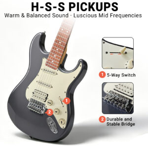 Audivara gray ST electric guitar with powerful HSS pickups and durable stable bridge