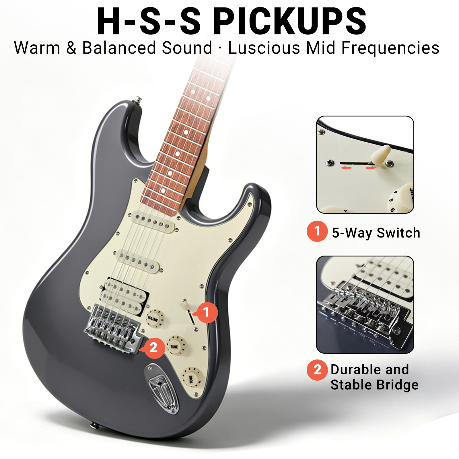 audivara-st-electric-guitar-hss-pickups-5-way-switch-stable-bridge Audivara gray ST electric guitar with powerful HSS pickups and durable stable bridge