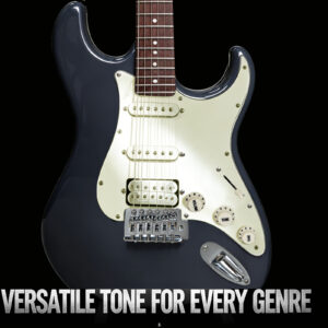 Front view of Audivara navy electric guitar featuring solid poplar body and pickguard
