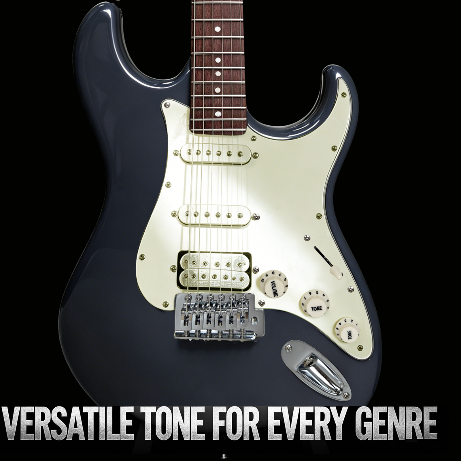 audivara-st-style-electric-guitar-navy-solid-poplar-body Front view of Audivara navy electric guitar featuring solid poplar body and pickguard