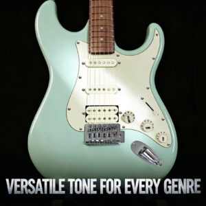 Front body of Audivara mint green ST style electric guitar on black background