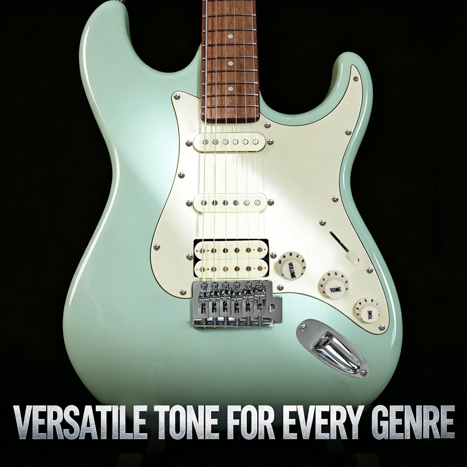 audivara-st-style-electric-guitar-versatile-tone-body Front body of Audivara mint green ST style electric guitar on black background