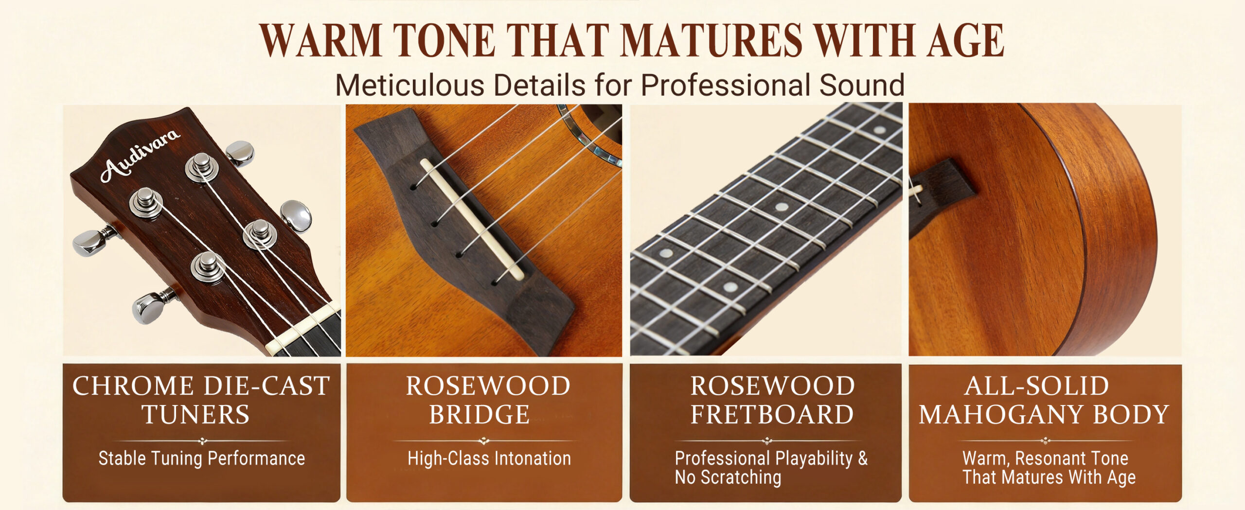 Solid mahogany ukulele professional details chrome diecast tuners rosewood fretboard bridge
