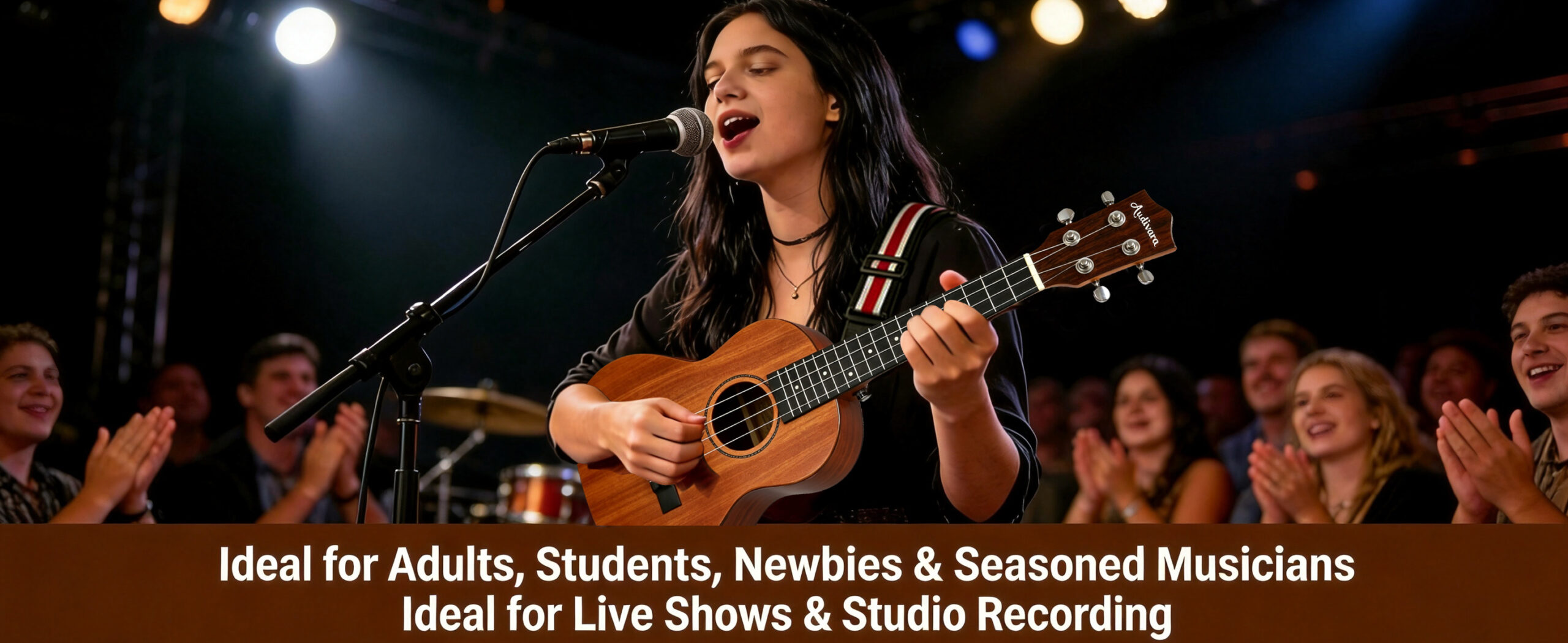 Woman singing and playing ukulele in live show ideal for adults students newbies musicians