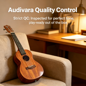 Audivara concert ukulele resting on a cozy sofa chair, inspected and ready to play