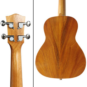 The back of an Audivara ukulele showcasing the okoume neck and mahogany grain