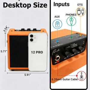 Compact desktop size mini guitar amplifier compared with a mobile phone for scale