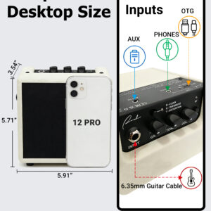 Compact desktop size mini guitar amplifier compared with a mobile phone for scale
