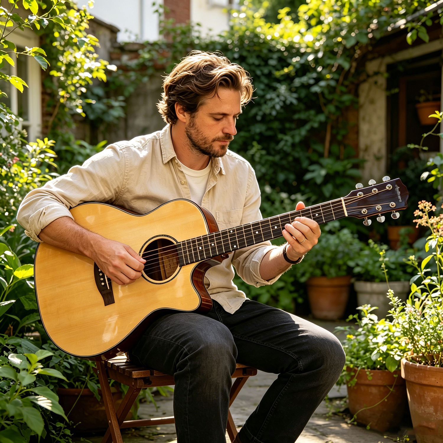 man-playing-audivara-cutaway-acoustic-guitar-outdoors A man sitting on a chair and playing the Audivara 41 inch cutaway acoustic guitar in a garden
