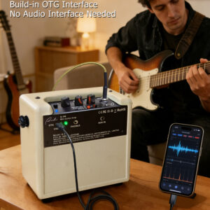 Guitarist using the Ranch mini guitar amp with built-in OTG interface to record to phone
