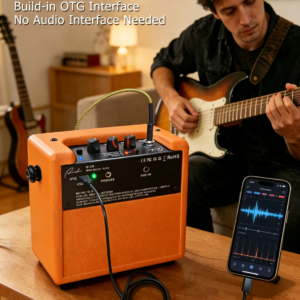 Guitarist using the Ranch mini guitar amp with built-in OTG interface to record to phone