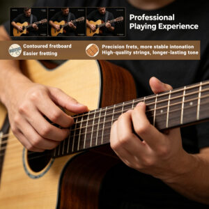 A guitarist playing a natural cutaway acoustic guitar with a contoured rosewood fretboard