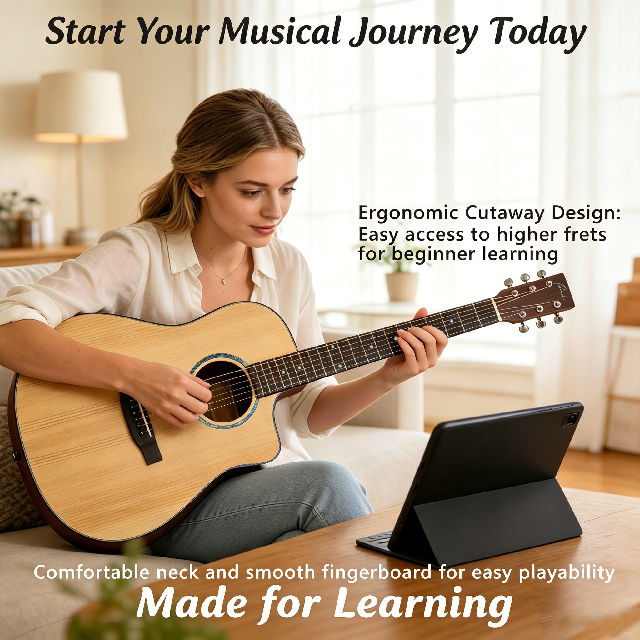 ranch-41-inch-cutaway-acoustic-guitar-beginner-learning Female guitarist playing Ranch 41 inch cutaway acoustic guitar while learning with a tablet