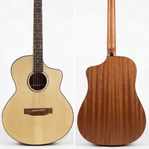 Front and back view of Ranch 41 inch JF body style cutaway acoustic guitar in natural matte