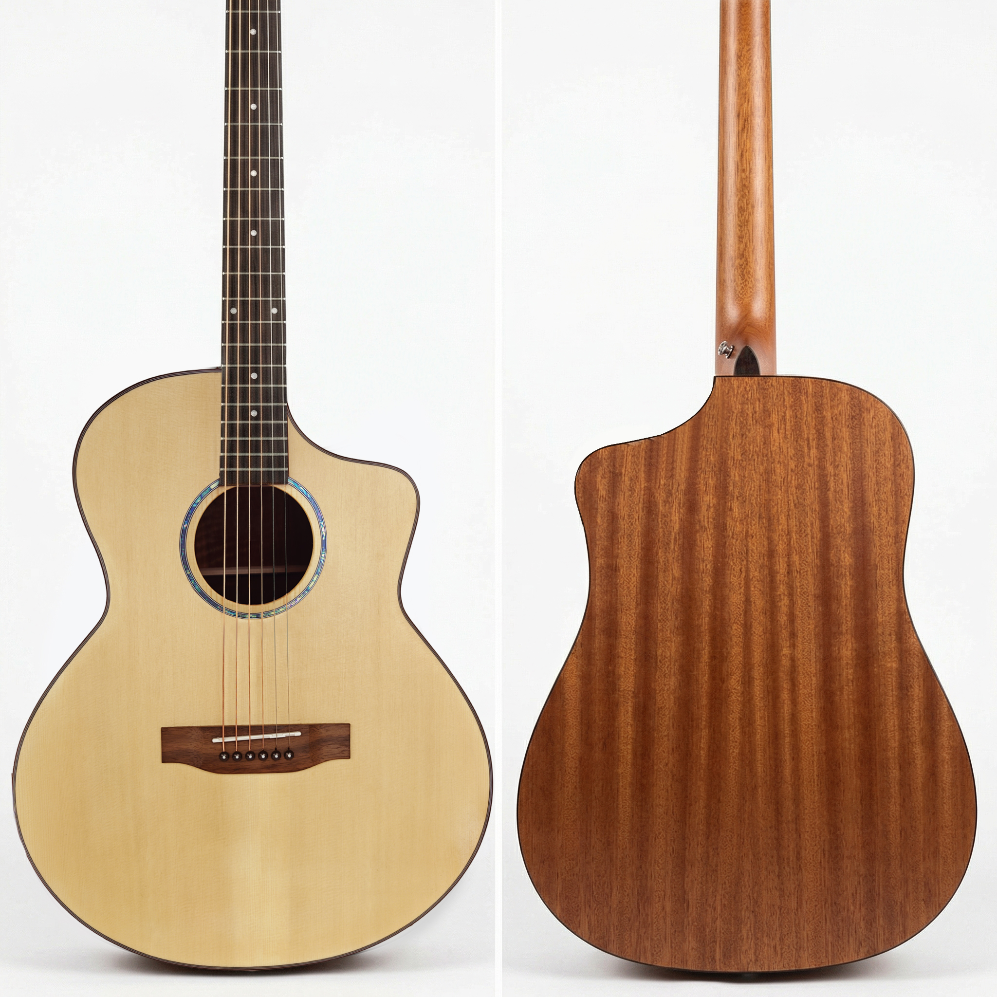 ranch-41-inch-jf-body-acoustic-guitar-front-back-view Front and back view of Ranch 41 inch JF body style cutaway acoustic guitar in natural matte