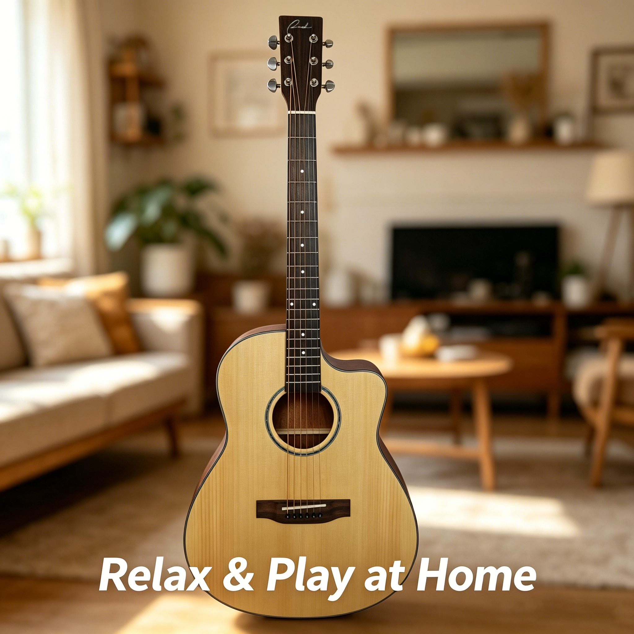 ranch-41-inch-solid-spruce-top-acoustic-guitar-home Ranch 41 inch solid spruce top acoustic guitar in a cozy living room home setting