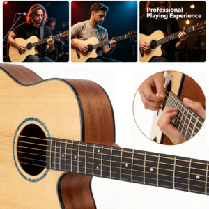 Close up of professional guitarist hands playing Ranch 41 inch acoustic guitar frets