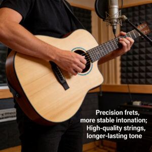 Musician playing Ranch acoustic guitar in a recording studio focusing on precision frets